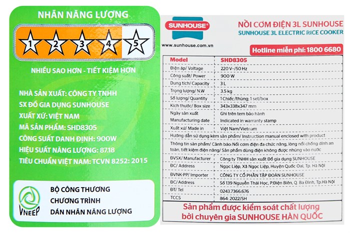 Nồi cơm nắp gài Sunhouse 3 lít SHD8305 Màu Đen - Xám