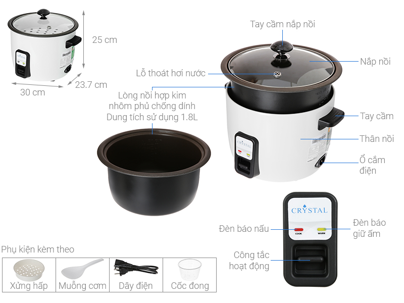 Nồi cơm nắp rời Crystal 1.8 lít NCR1803