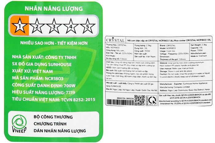 Nồi cơm nắp rời Crystal 1.8 lít NCR1803 Màu Trắng