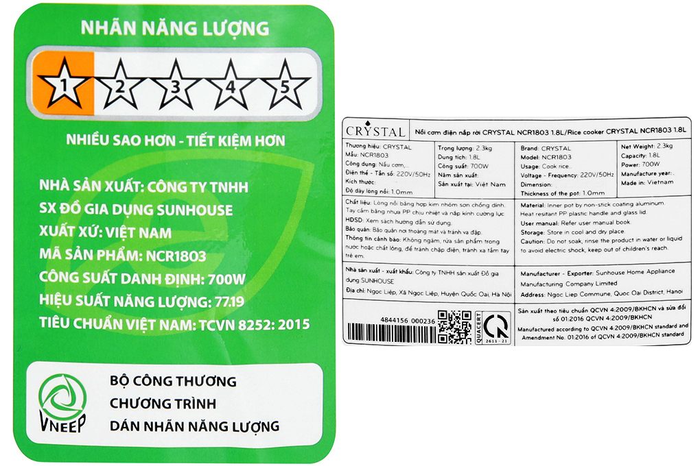 Nồi cơm nắp rời Crystal 1.8 lít NCR1803 Màu Trắng