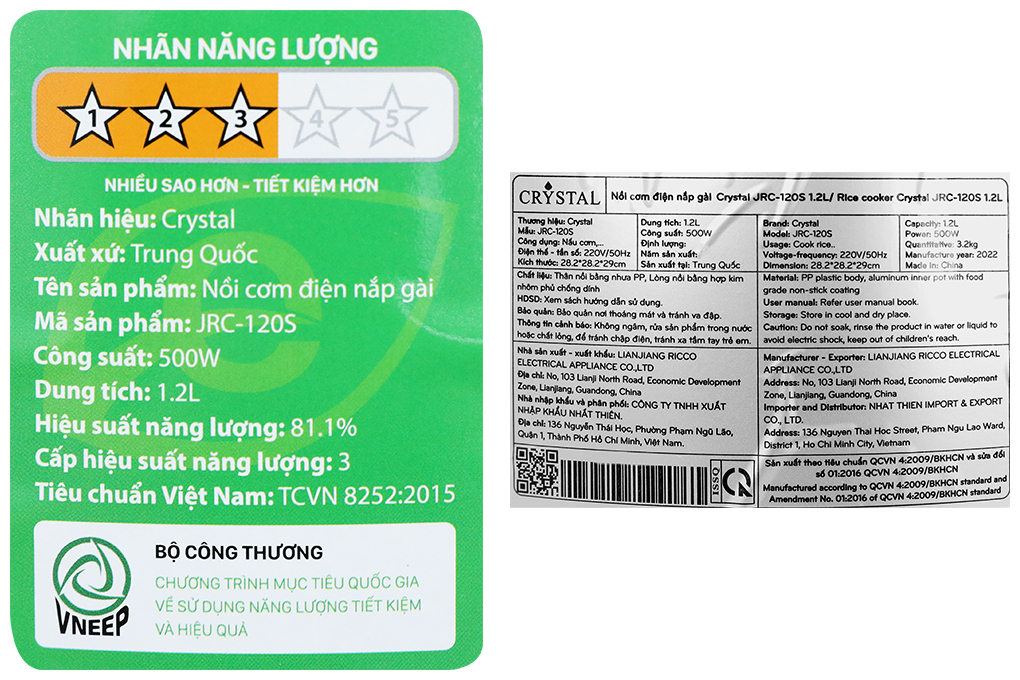 Nồi cơm nắp gài Crystal 1.2 lít JRC-120S Màu Trắng - Xanh lá
