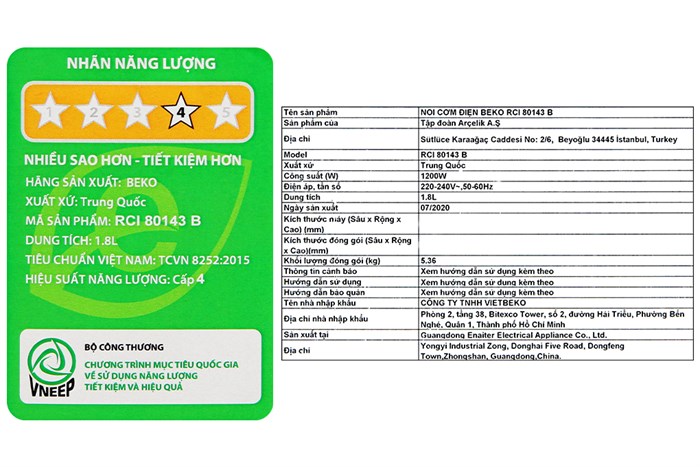 Nồi cơm cao tần Beko 1.8 lít RCI 80143B Màu Đen - Vàng đồng