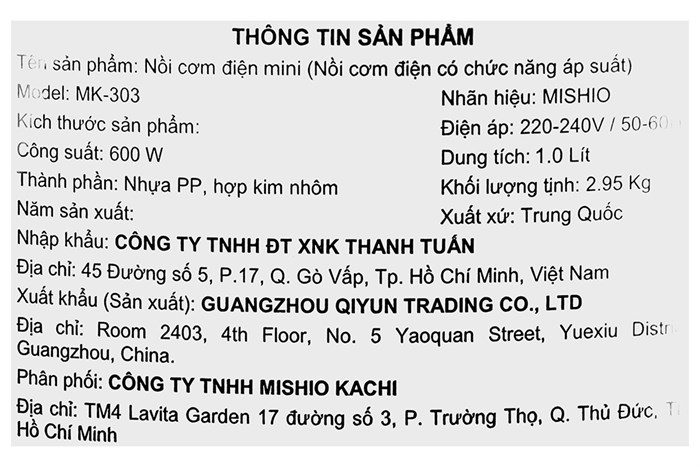 Nồi cơm điện tử áp suất Mishio 1 lít MK-303 Màu Đen