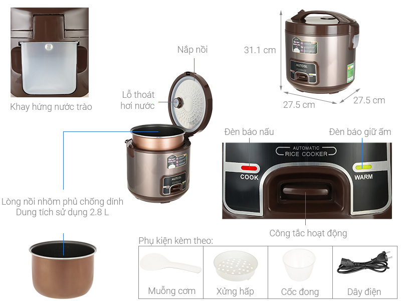 Nồi cơm điện nắp gài Mutosi 2.8 lít MR-38