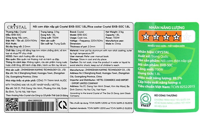 Nồi cơm nắp gài Crystal 1.8 lít BXB-50C Màu Trắng