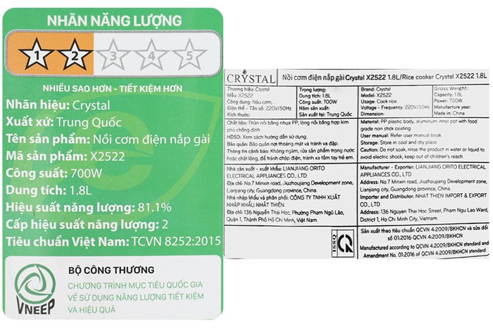Nồi cơm nắp gài Crystal 1.8 lít X2522 Màu Trắng - Hồng