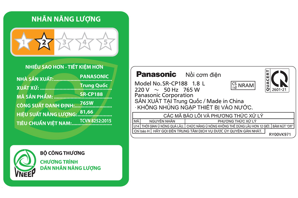 Nồi cơm điện tử Panasonic 1.8 lít SR-CP188NRAM Màu Trắng - Xám