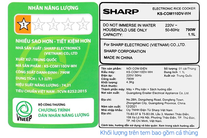 Nồi cơm điện tử Sharp 1.1 lít KS-COM110DV-WH Màu Trắng