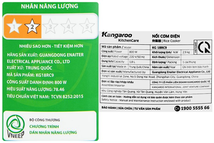 Nồi cơm nắp gài Kangaroo 1.8 lít KG18RC9 Màu Trắng
