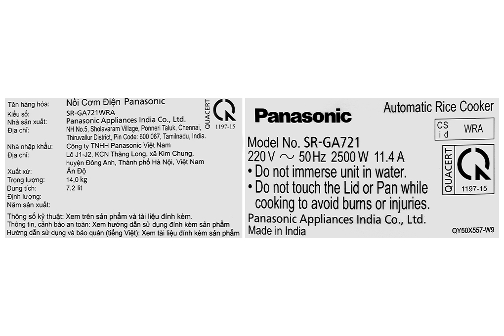 Nồi cơm nắp rời Panasonic 7.2 lít SR-GA721WRA Màu Trắng