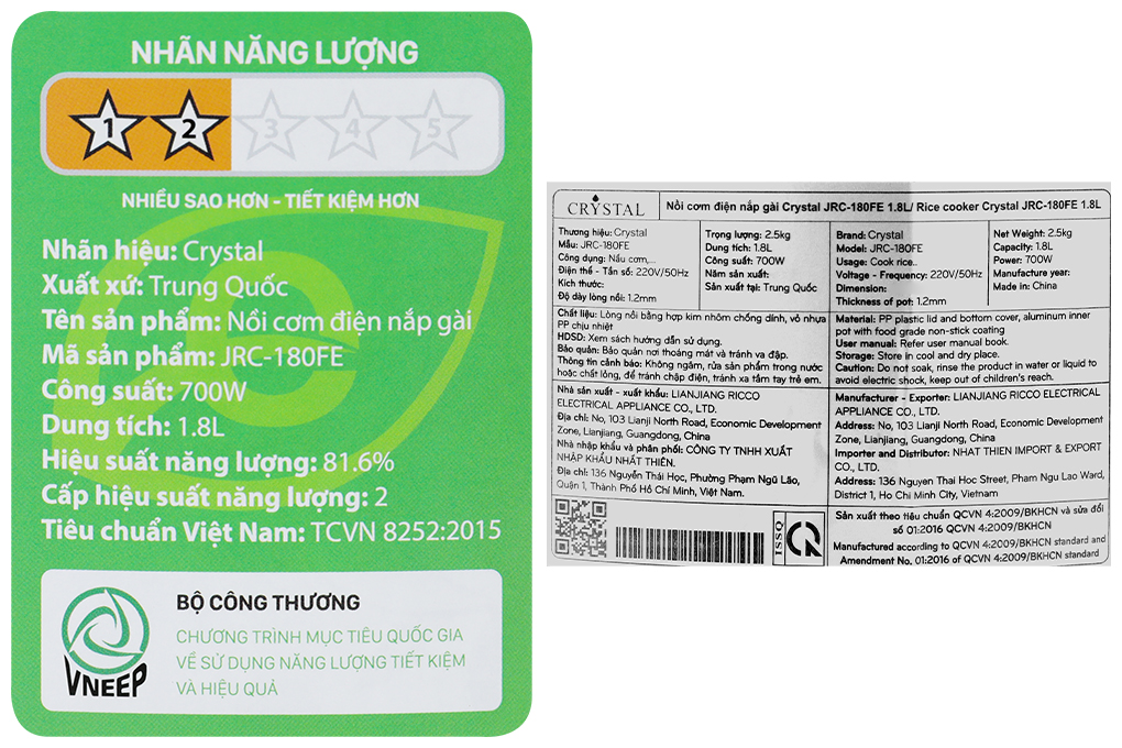 Nồi cơm nắp gài Crystal 1.8 lít JRC-180FE Màu Xám