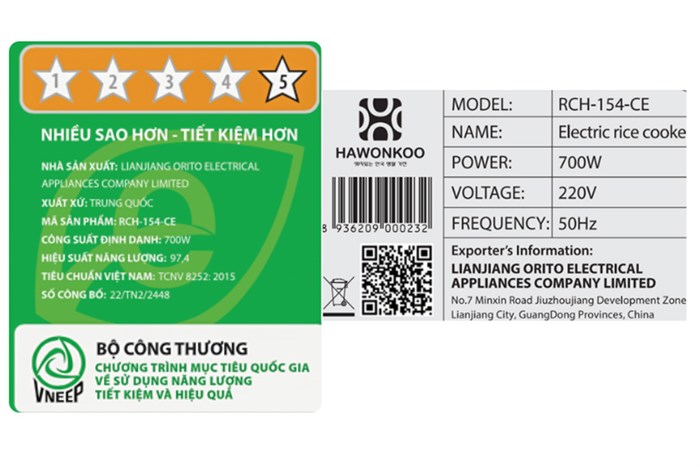 Nồi cơm nắp gài Hawonkoo 1.5 lít RCH-154-CE Màu Trắng