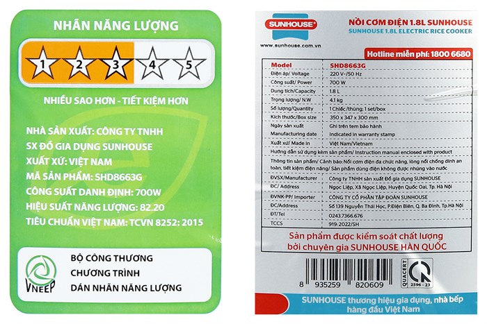 Nồi cơm nắp gài Sunhouse 1.8 lít SHD8663G Màu Xám