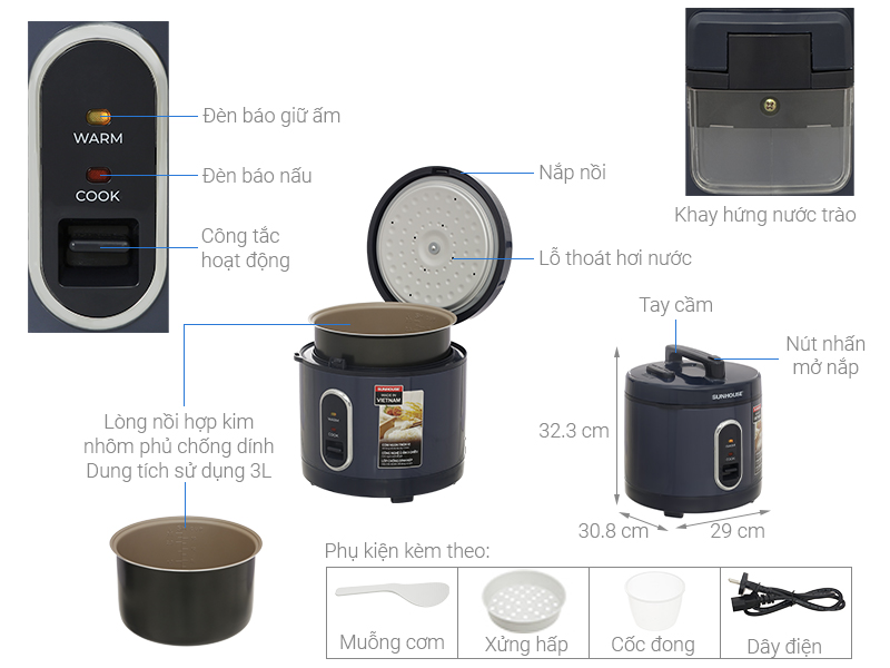 Nồi cơm nắp gài Sunhouse 3 lít SHD8309