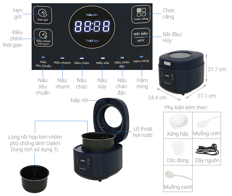 Nồi cơm điện tử Sunhouse 1 lít SHD8802