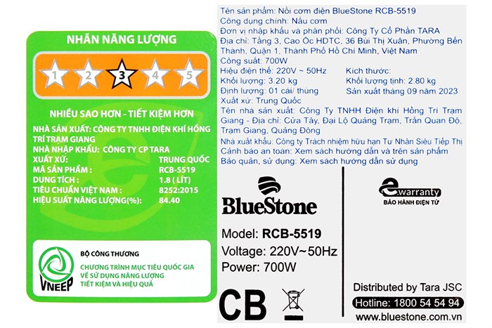 Nồi cơm nắp gài BlueStone 1.8 lít RCB-5519 Màu Đen - Vàng đồng