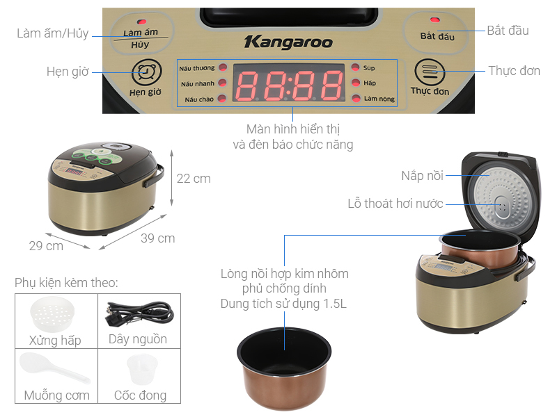 Nồi cơm điện tử Kangaroo 1.5 lít KG15RCE2