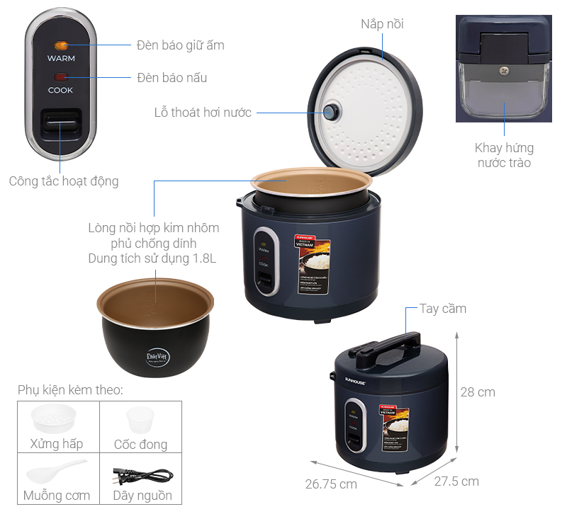 Nồi cơm nắp gài Sunhouse 1.8 lít SHD8632