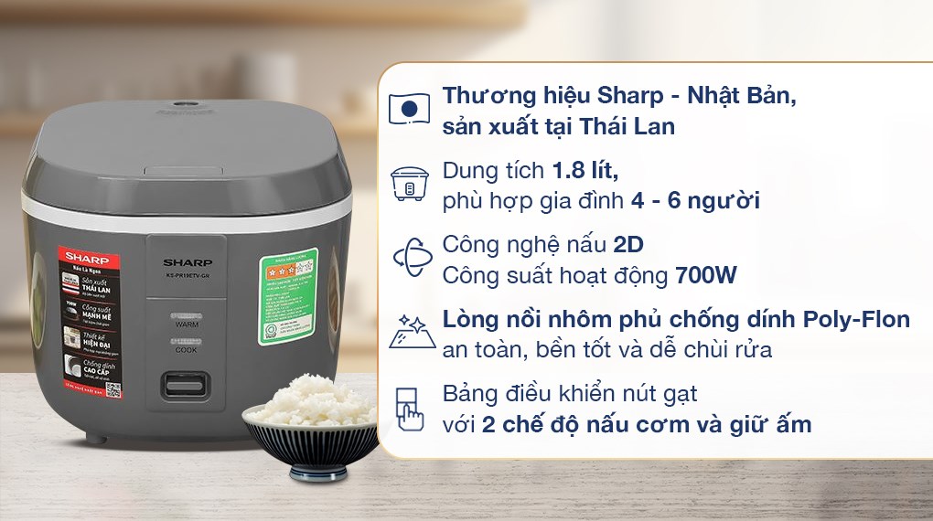 Nồi cơm nắp gài Sharp 1.8 lít KS-PR19ETV-GR