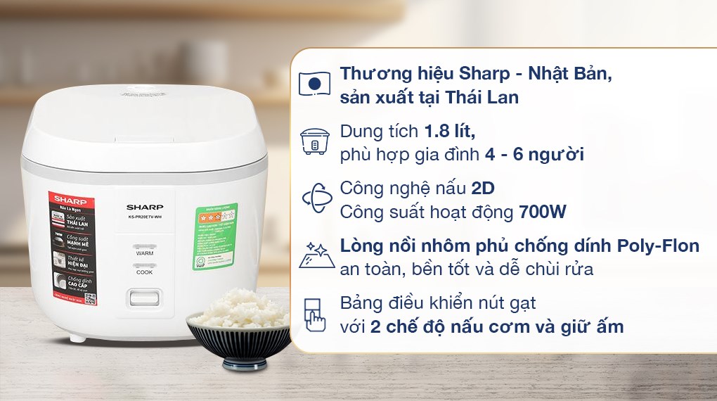 Nồi cơm nắp gài Sharp 1.8 lít KS-PR20ETV-WH