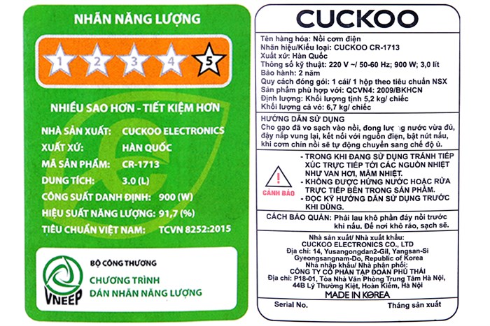 Nồi cơm nắp gài Cuckoo 3 lít CR- 1713 Màu Đỏ
