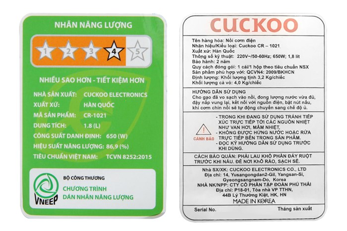 Nồi cơm điện Cuckoo 1.8 lít CR-1021 Màu Trắng