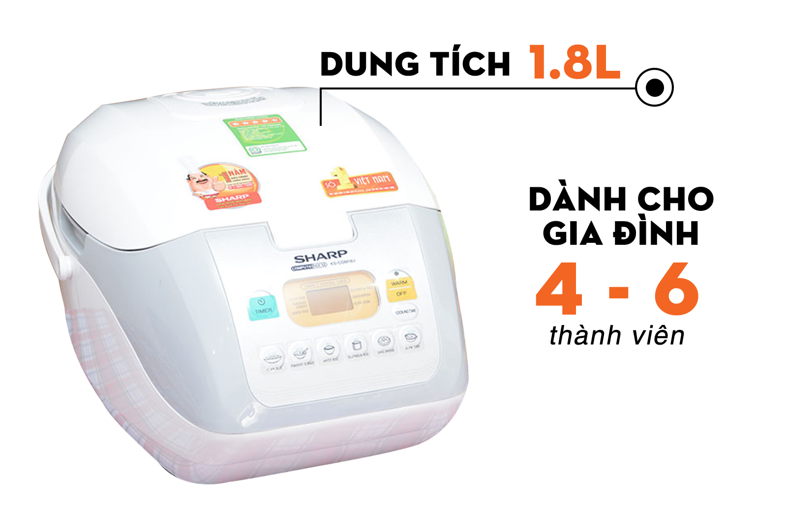 Nồi cơm điện tử Sharp 1.8 lít KS-COM18V cho gia đình 4-6 người