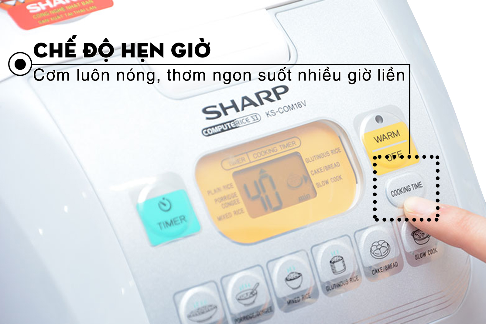 Chế độ hẹn giờ Nồi cơm điện tử Sharp 1.8 lít KS-COM18V