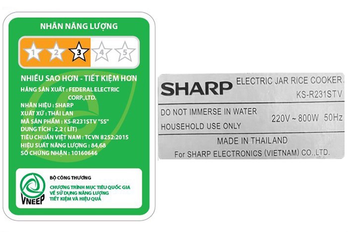 Nồi cơm nắp gài Sharp 2.2 lít KS-R231STV Màu Xám