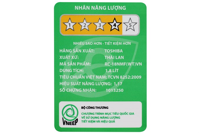 Nồi cơm điện Toshiba 1.8 lít RC-18NMF(WT)VN Màu Trắng