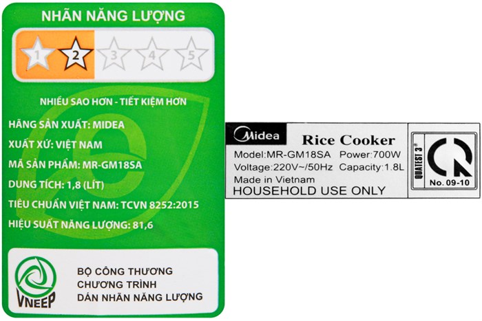 Nồi cơm điện Midea 1.8 lít MR-GM18SA Màu Trắng