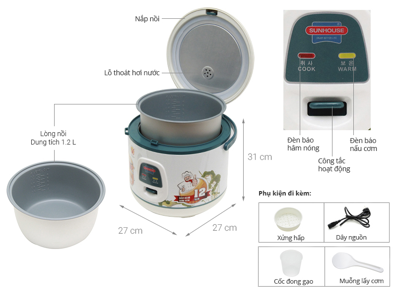 Nồi cơm điện Sunhouse 1.2 lít SHD 8218