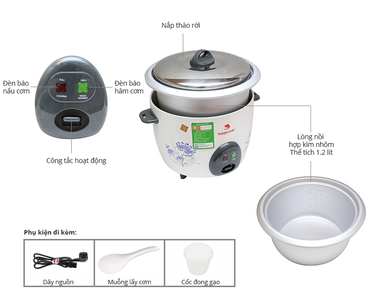 Nồi cơm điện Happycook 1.2 lít HCR-513D