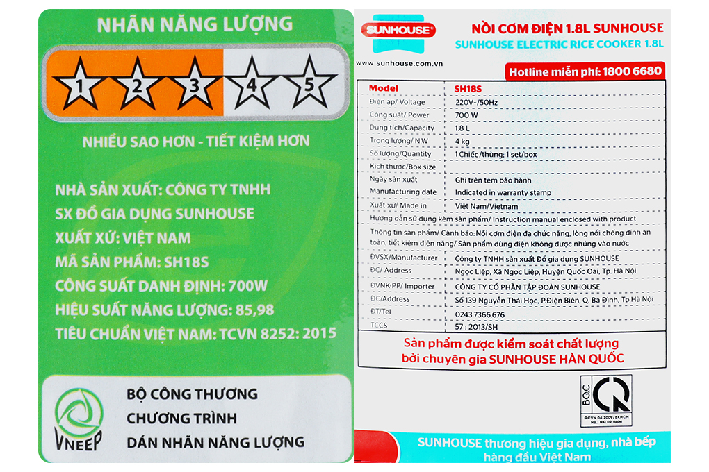 Nồi cơm nắp gài Sunhouse 1.8 lít SHD 18S Màu Xám - Đỏ