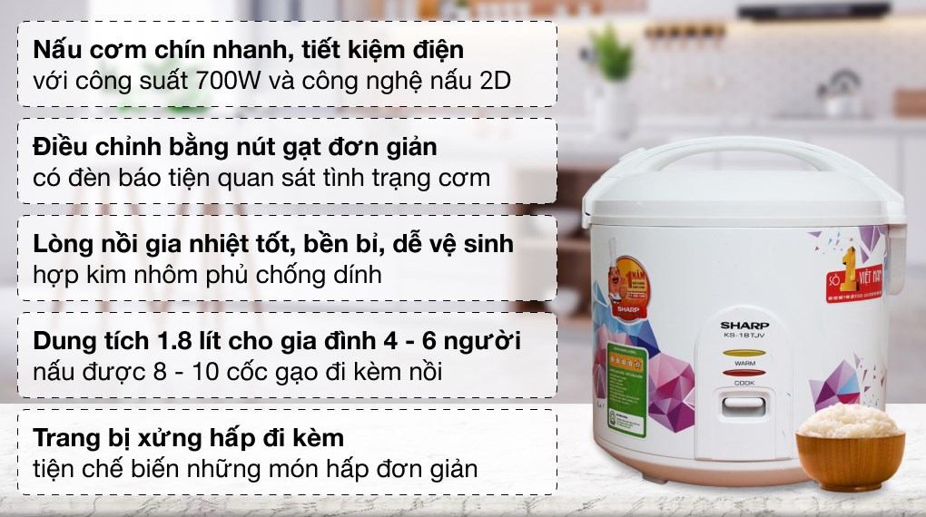 Nồi cơm nắp gài Sharp 1.8 lít KS-18TJV