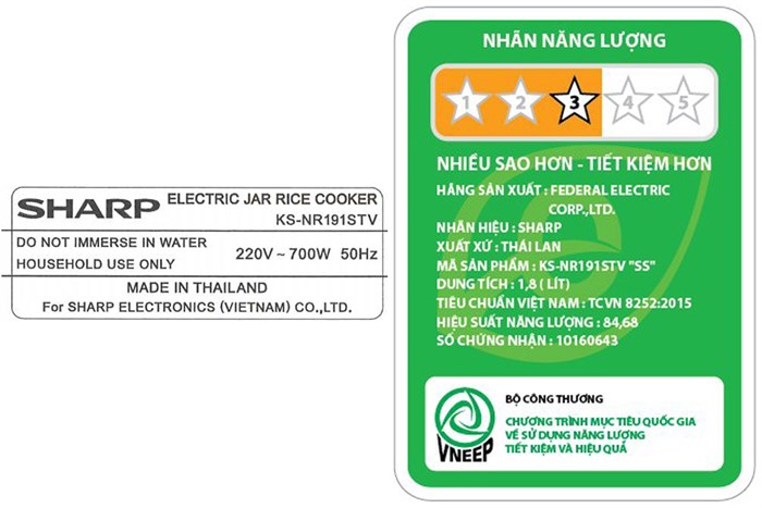 Nồi cơm nắp gài Sharp 1.8 lít KS-NR191STV Màu Đen - Xám