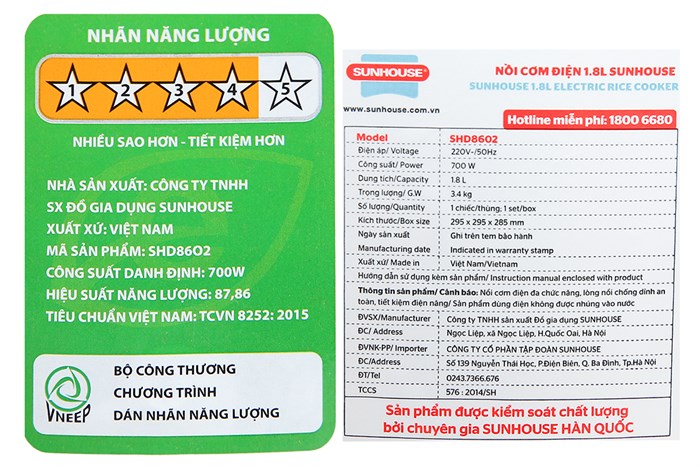 Nồi cơm nắp gài Sunhouse 1.8 lít SHD8602 Màu Trắng
