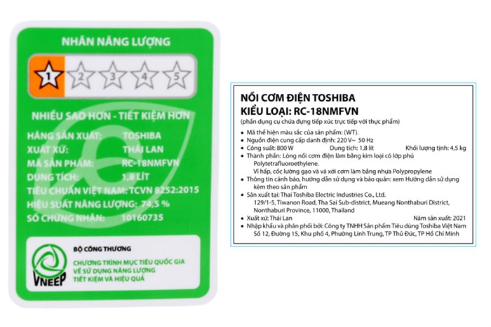 Nồi cơm điện tử Toshiba 1.8 lít RC-18NMFVN(WT) Màu Trắng