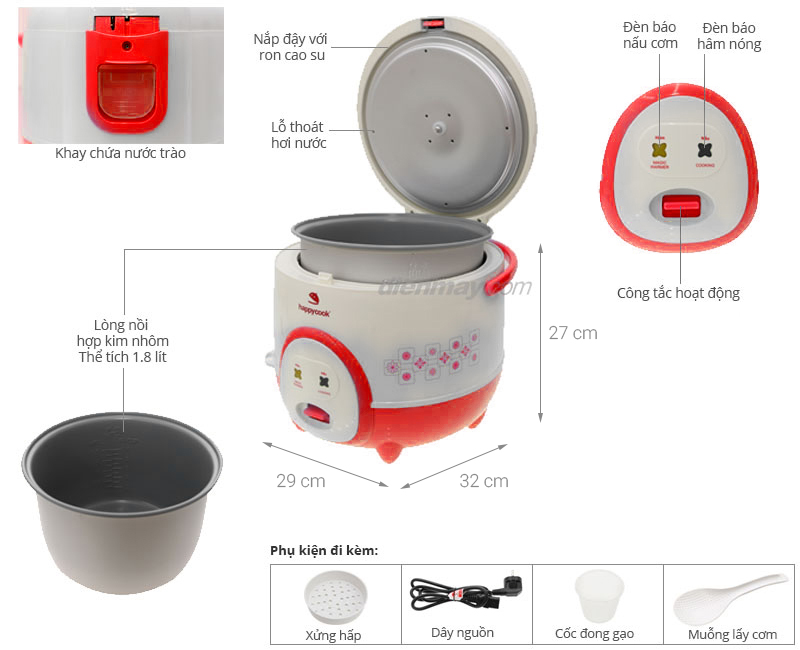 Nồi cơm điện Happycook 1.8 lít HC-180A Đỏ