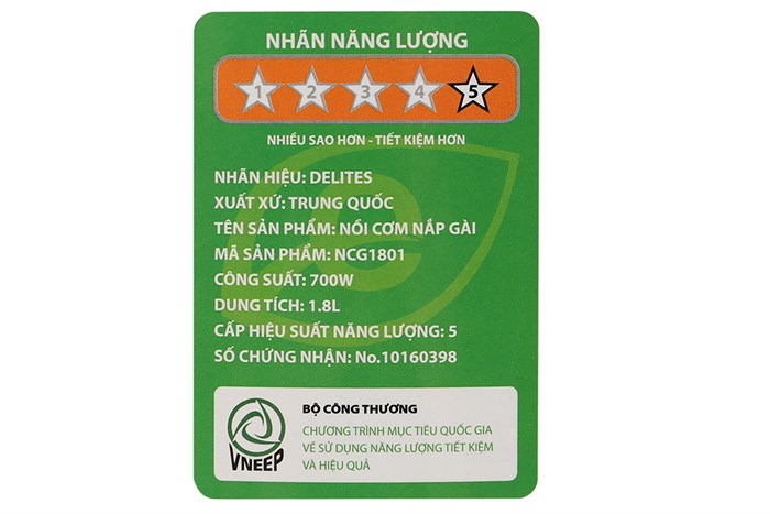 Nồi cơm điện Delites 1.8 lít NCG1801 01 Màu Trắng - Xanh lá