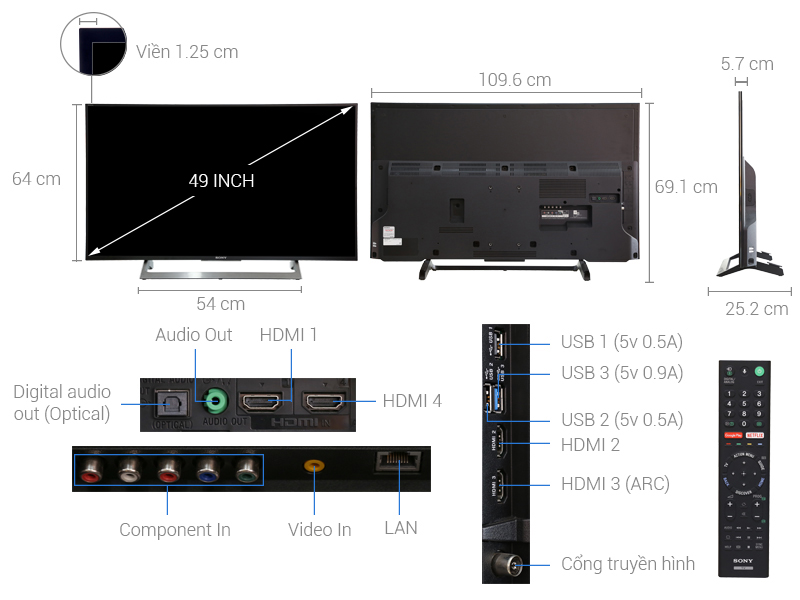 Thông số kỹ thuật Android Tivi Sony 4K 49 inch KD-49X8000E