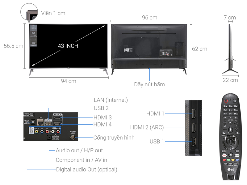 Thông số kỹ thuật Smart Tivi LG 4K 43 inch 43UJ750T