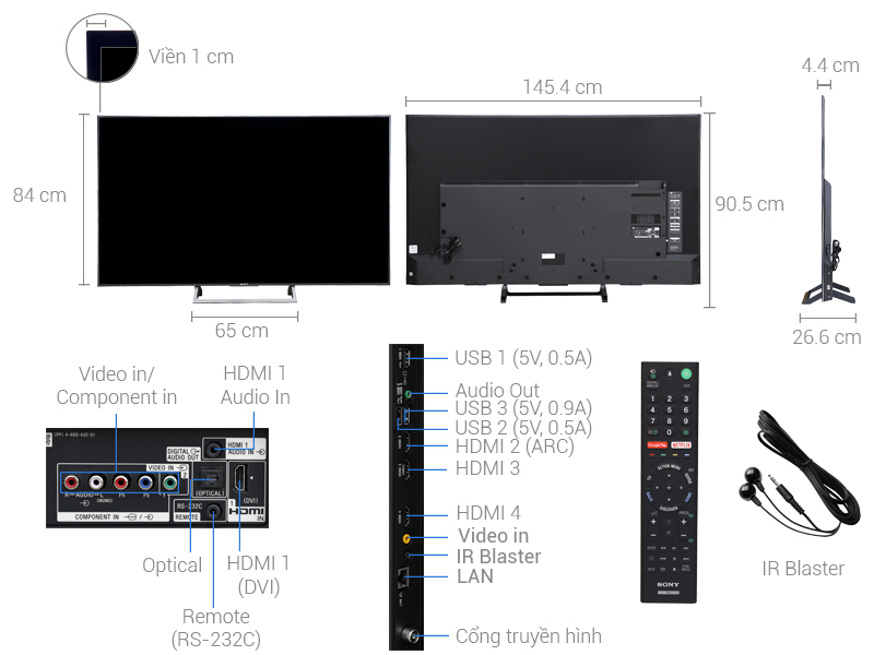 Thông số kỹ thuật Smart Tivi Sony 4K 65 inch KD-65X8500E