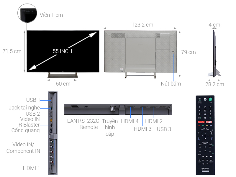 Thông số kỹ thuật Smart Tivi Sony 4K 55 inch KD-55X9300E