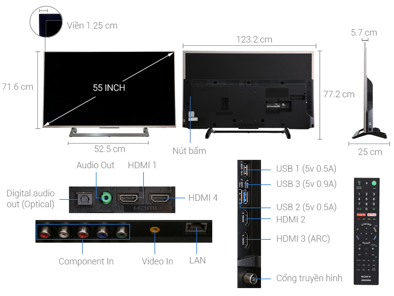 Thông số kỹ thuật Android Tivi Sony 4K 55 inch KD-55X8000E/S