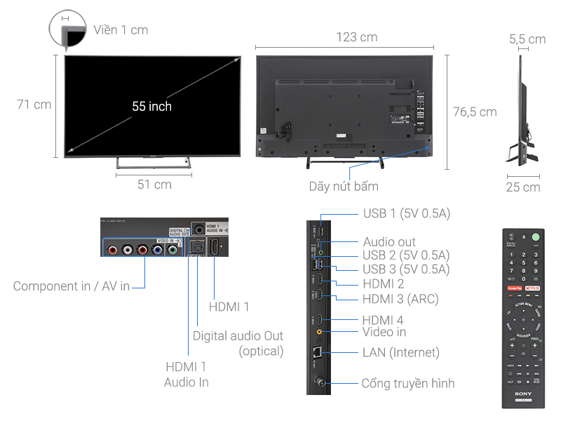 Thông số kỹ thuật Smart Tivi Sony 4K 55 inch KD-55X8500E