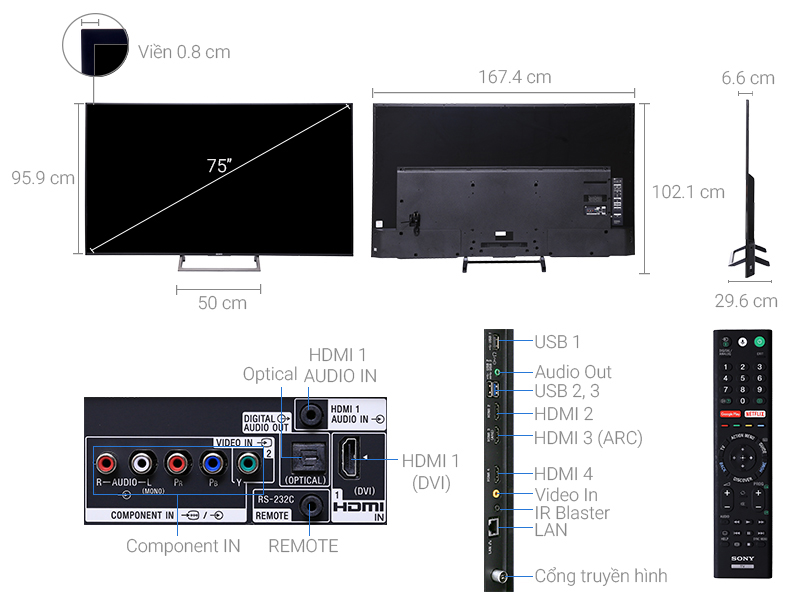 Thông số kỹ thuật Smart Tivi Sony 4K 75 inch KD-75X8500E