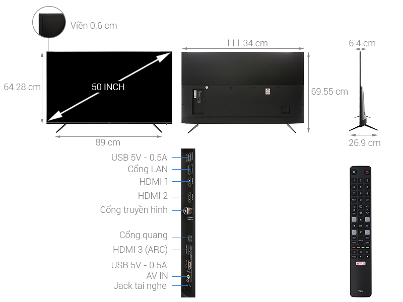 Thông sá» kỹ thuáºt Smart Tivi TCL 4K 50 inch L50P6