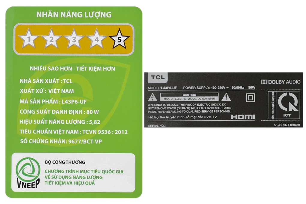 Smart Tivi TCL 4K 43 inch L43P6-UF Màu Đen