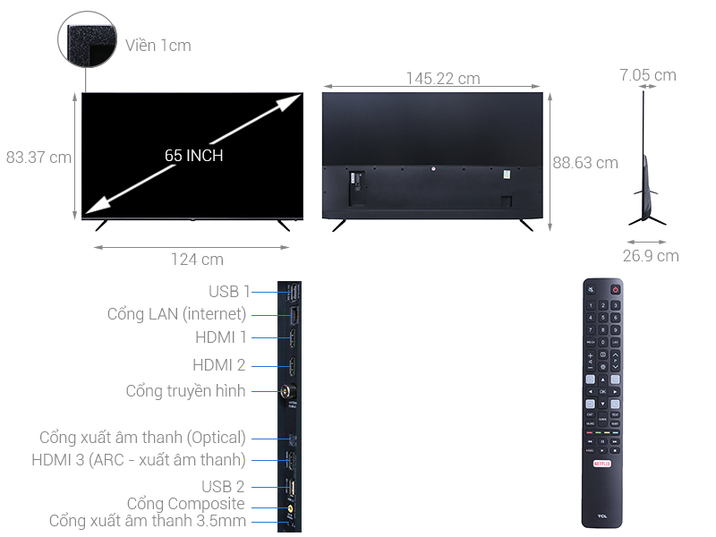 ThÃ´ng sá» ká»¹ thuáº­t Smart Tivi TCL 4K 65 inch L65P6